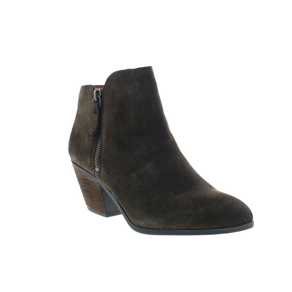 Frye Judith Olive Brown Suede Ankle Booties Size 9 Side Zip Stacked Block Heel